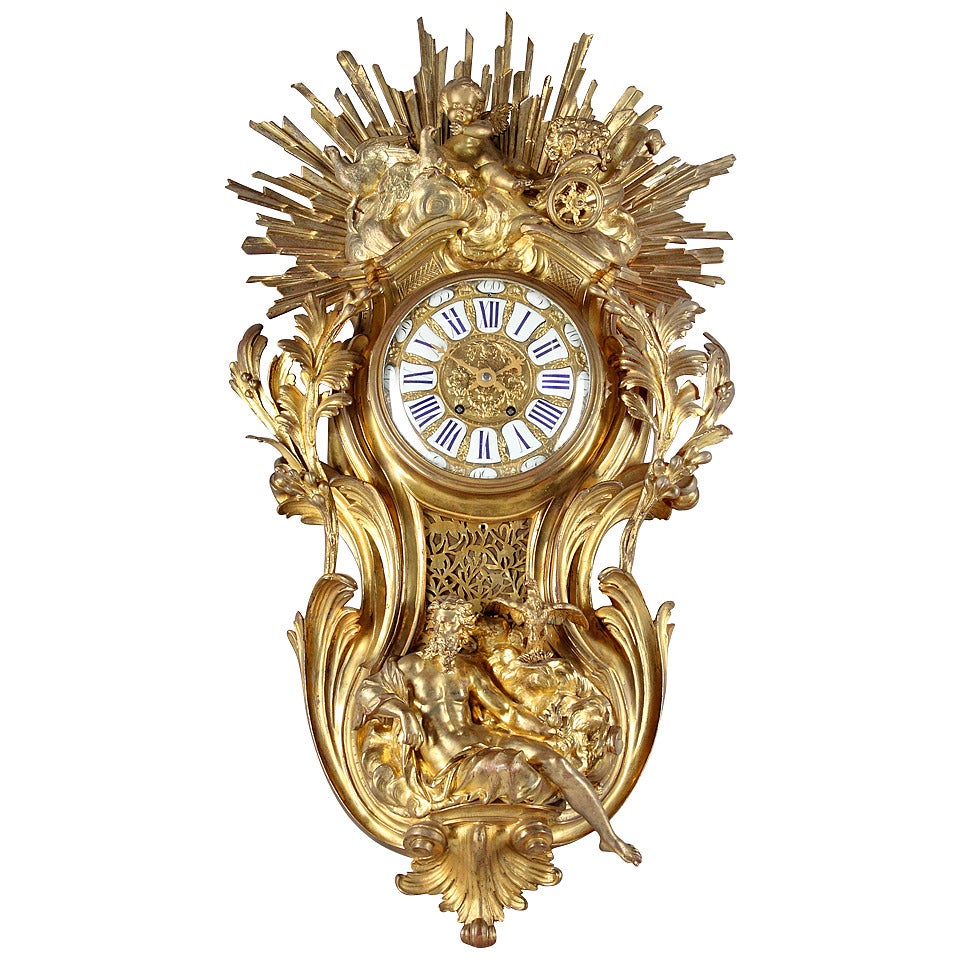 Large French Louis XV Style Gilt Bronze cartel clock
