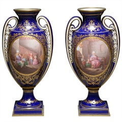 Finely 19th Century Pair of French Sevres Style Hand Painted Porcelain Vases