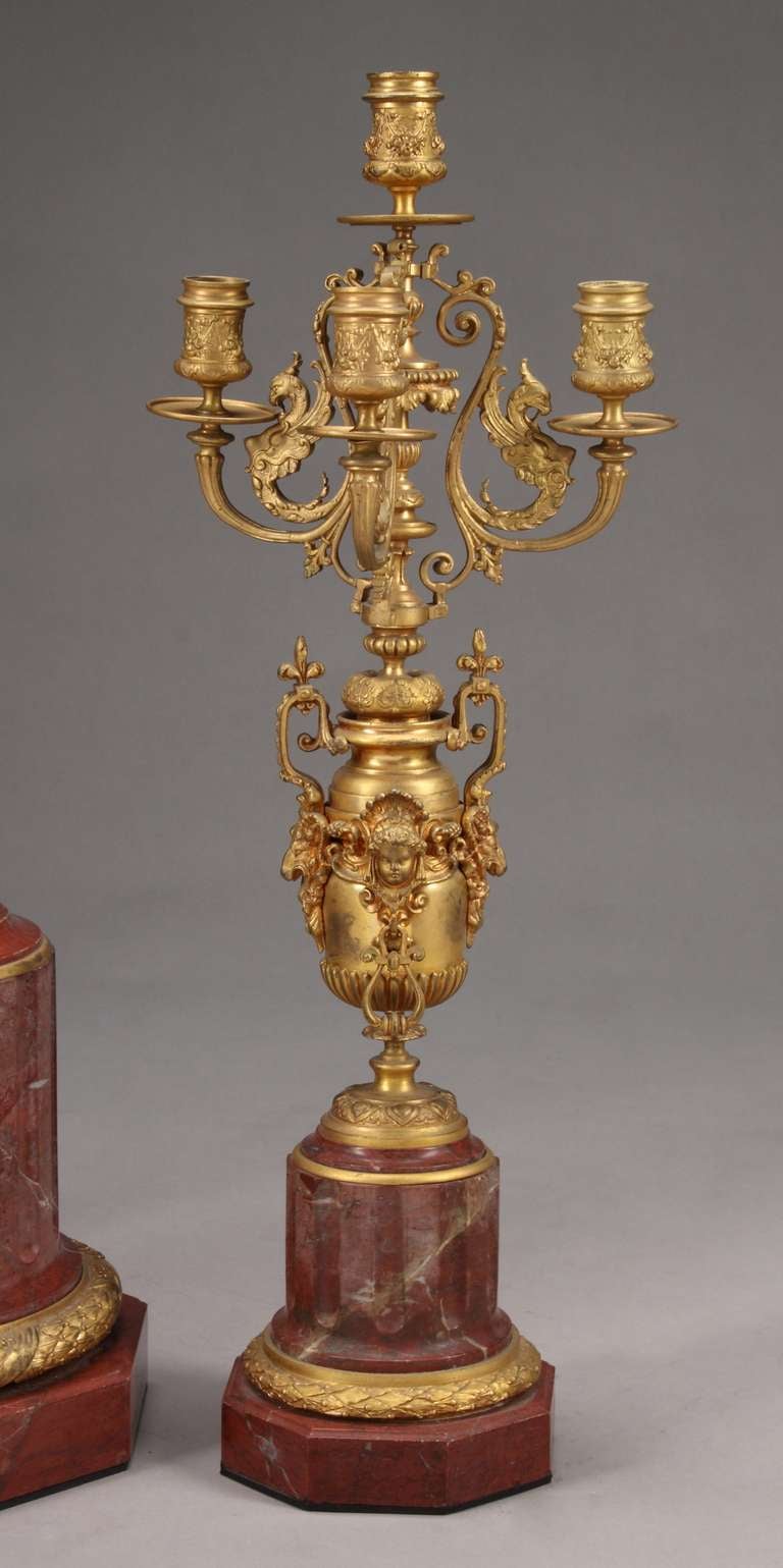 19th Century Antique French Gilt Bronze and Rouge Marble Clock Set For Sale