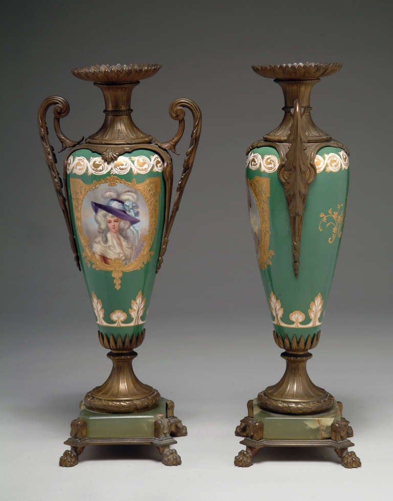 Pair of 19th Century French Sevres-Style Bronze-Mounted Green Ground Vases In Excellent Condition For Sale In Los Angeles, CA