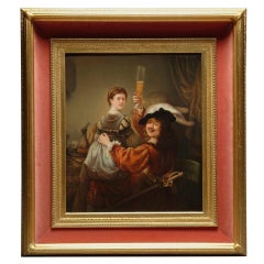 Plaque rectangulaire en porcelaine de K.P.M. représentant Rembrandt et Saskia