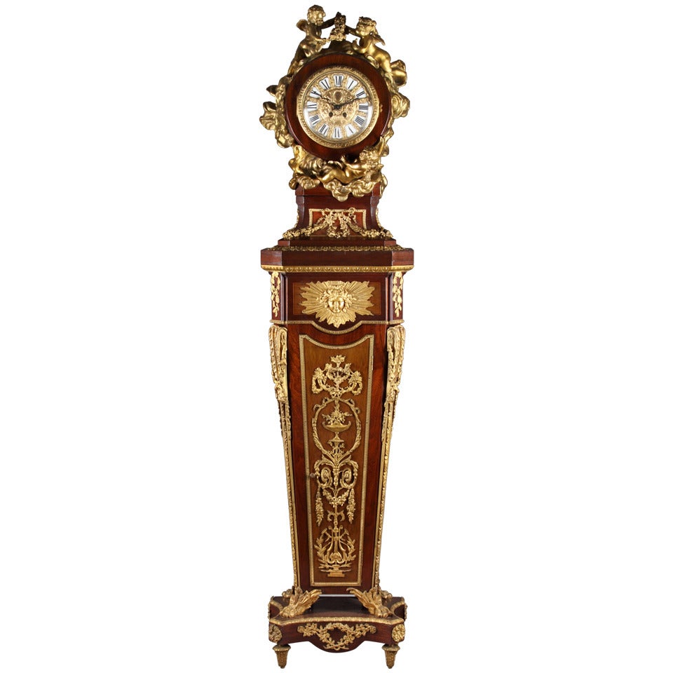A Fine Antique French Gilt Bronze Mounted Mahogany Tall Case Clock