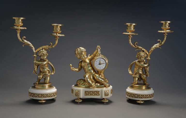 French Gilt Bronze & White Marble Figural Clock Set