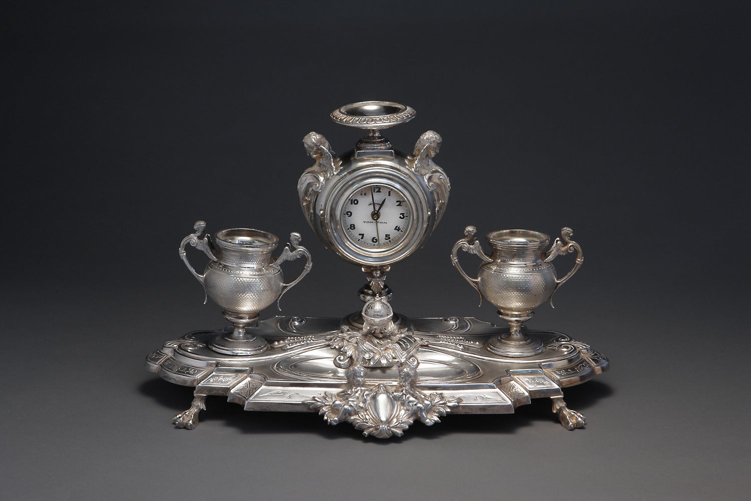 French Sterling Silver Clock and Ink Stand, circa 1875, Minerva Mark For Sale