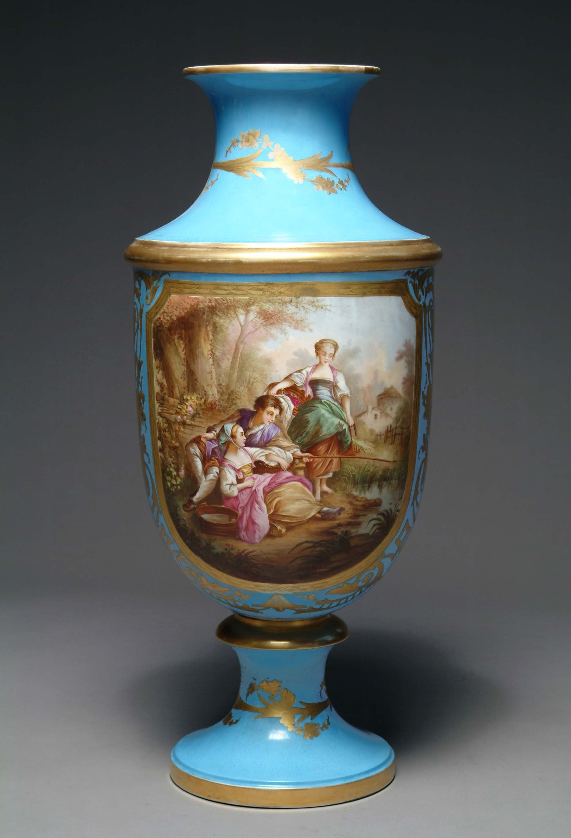 Französische handbemalte türkisfarbene Porzellanvase im Sevres-Stil des 19. Jahrhunderts