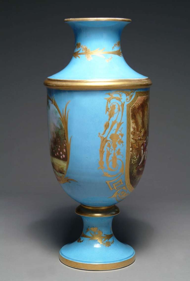 19th Century French Hand-Painted Sevres Style Turquoise Porcelain Vase For Sale 1