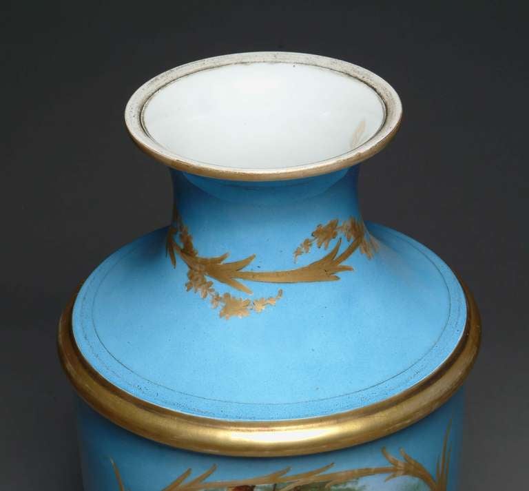 19th Century French Hand-Painted Sevres Style Turquoise Porcelain Vase For Sale 4