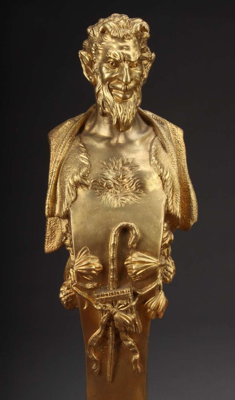 European Pair of Gilt-Bronze Fire Place Figural Bronze Andirons depicting Pan and Nymph For Sale