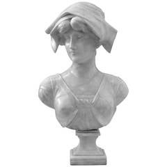 A 19th Century Italian Carrera Marble Bust of Girl Wearing a Hat