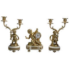 French Gilt Bronze & White Marble Figural Clock Set