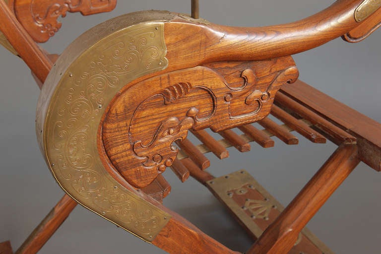 Wood Pair of Large Chinese Horseshoe Shaped Folding Chairs