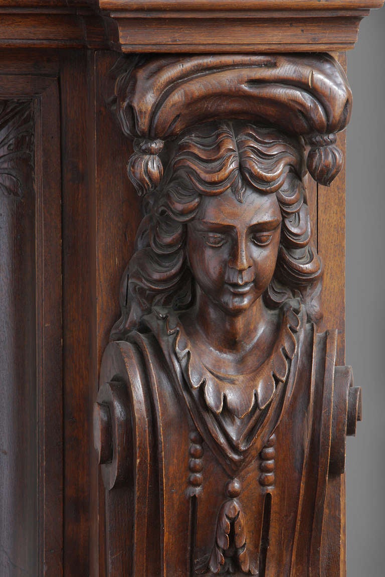 Hand-Carved Monumental Antique French Walnut and Oak Figural Fireplace For Sale