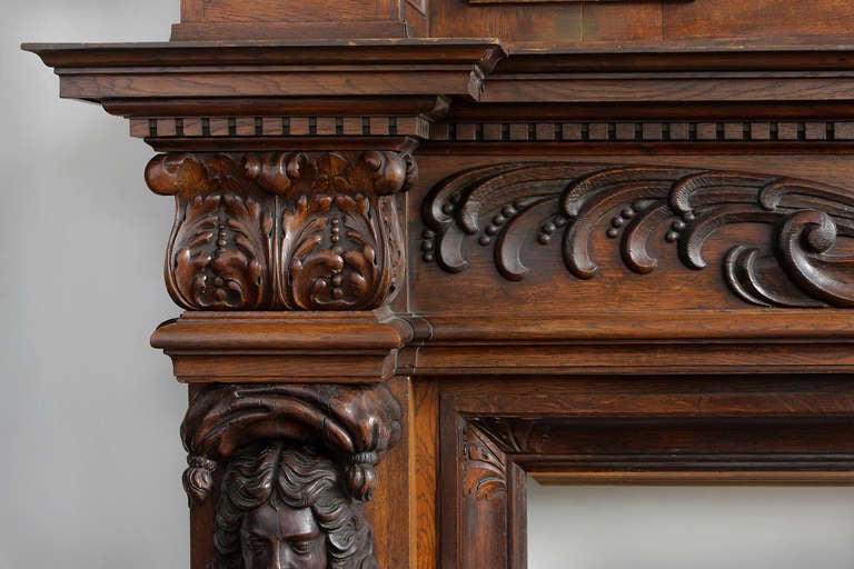 Monumental Antique French Walnut and Oak Figural Fireplace For Sale 2