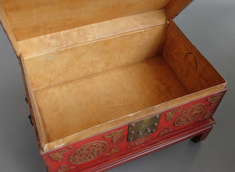 Pair of Chinese Early 20th Century Red Pig Skin and Brass Boxes on Stands 5