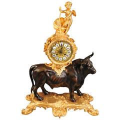 Louis XV Style Gilt and Patinated Bronze Bull Mantel Clock, France, circa 1880