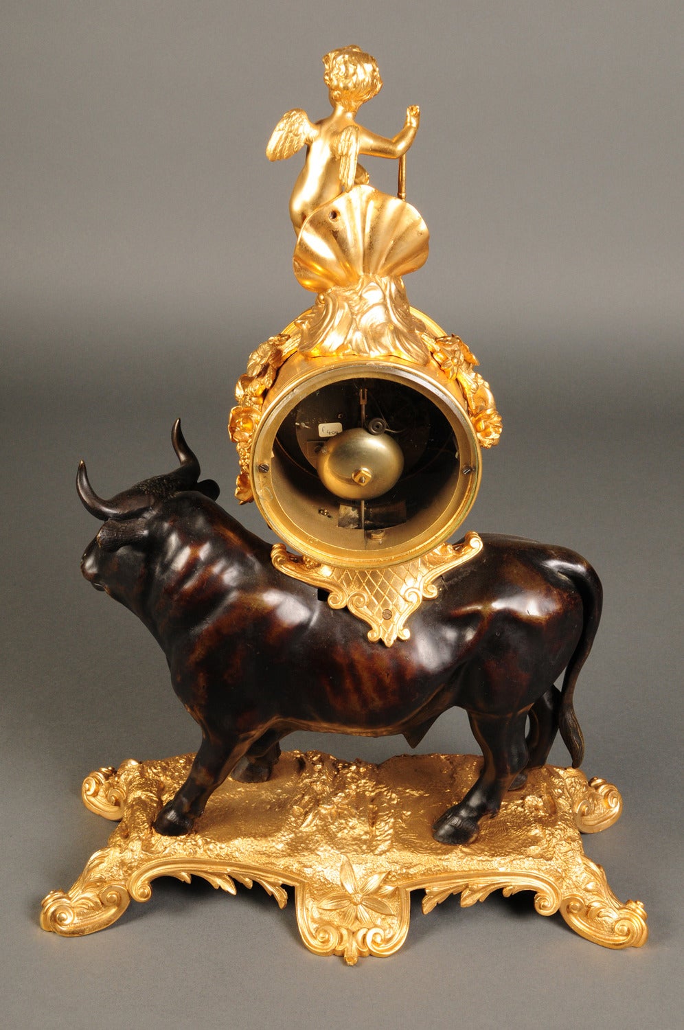 Louis XV Style Gilt and Patinated Bronze Bull Mantel Clock, France, circa 1880 5
