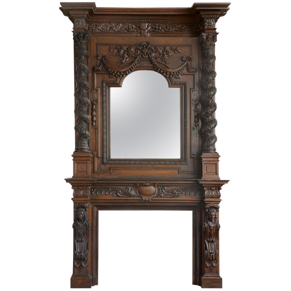 Monumental Antique French Walnut and Oak Figural Fireplace For Sale