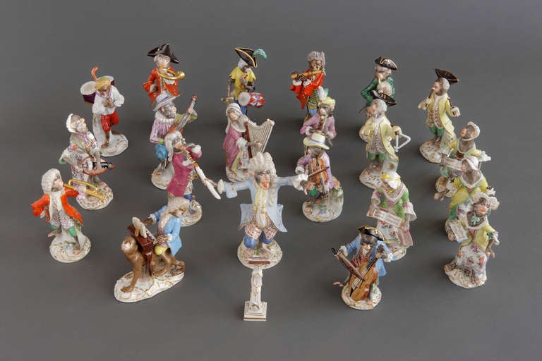 Complete 22 Pieces Meissen porcelain monkey band

The monkey band was introduced by Meissen in mid 18th century, became extremely popular, and was reproduced by Meissen ever since .
The set consists of 22 pieces including 21 monkey musicians and