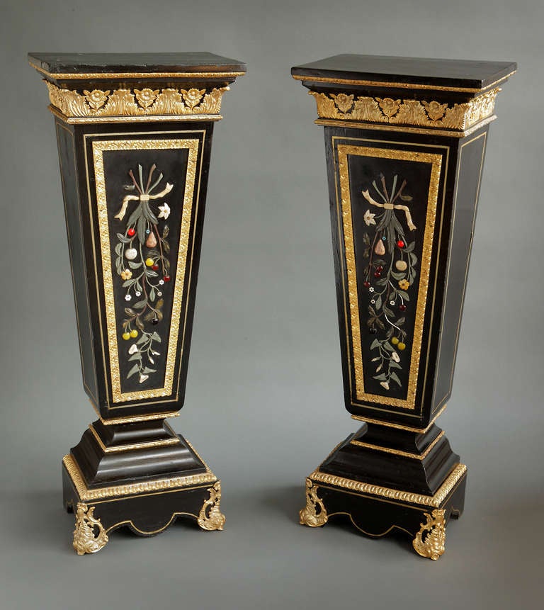 Pair of Antique Italian Pietra Dura and Gilt Bronze Mounted Pedestals