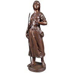 19th C. French Patinated Bronze of a Standing Peasant Women after Eug Marioton