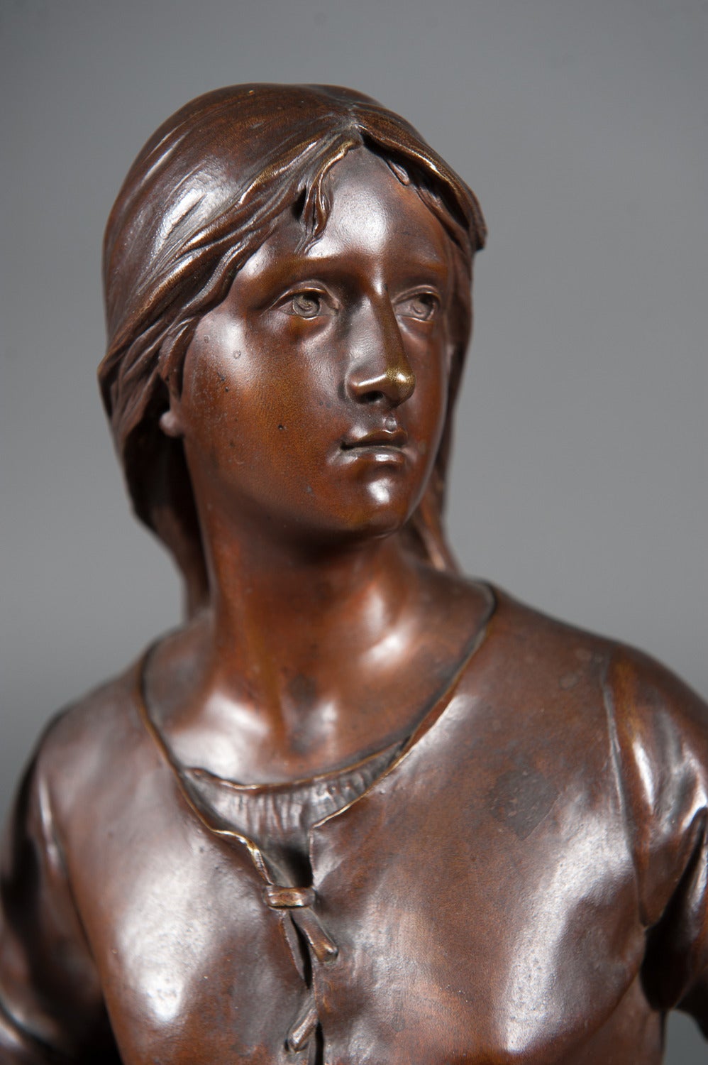 A 19th C. French Patinated Bronze of a Standing Peasant Women After Eug Marioton

Depicting a standing peasant woman holding a branch, raised on a circular naturalistic base

France, Circa 1880

Signed Eug. Marioton

Maker: Eugene Marioton