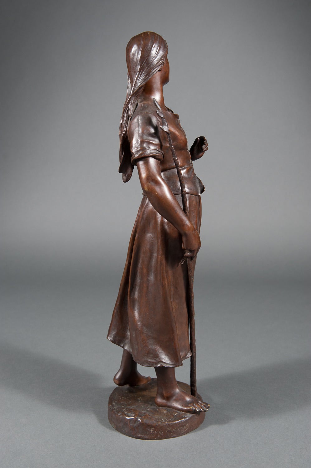 19th C. French Patinated Bronze of a Standing Peasant Women after Eug Marioton For Sale 1