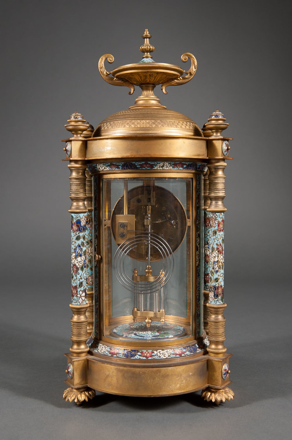 French Champleve Enamel and Gilt Bronze Four Glass Regulator Clock by Hour Lavigne
