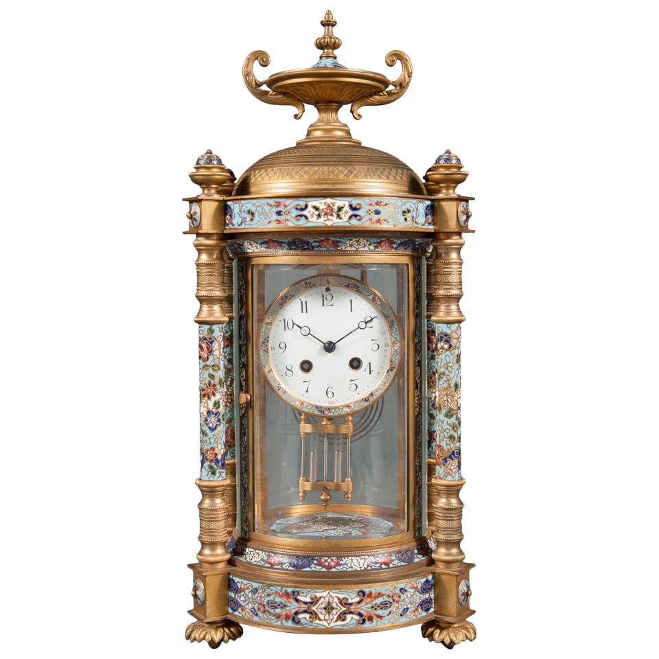 Champleve Enamel and Gilt Bronze Four Glass Regulator Clock by Hour Lavigne
