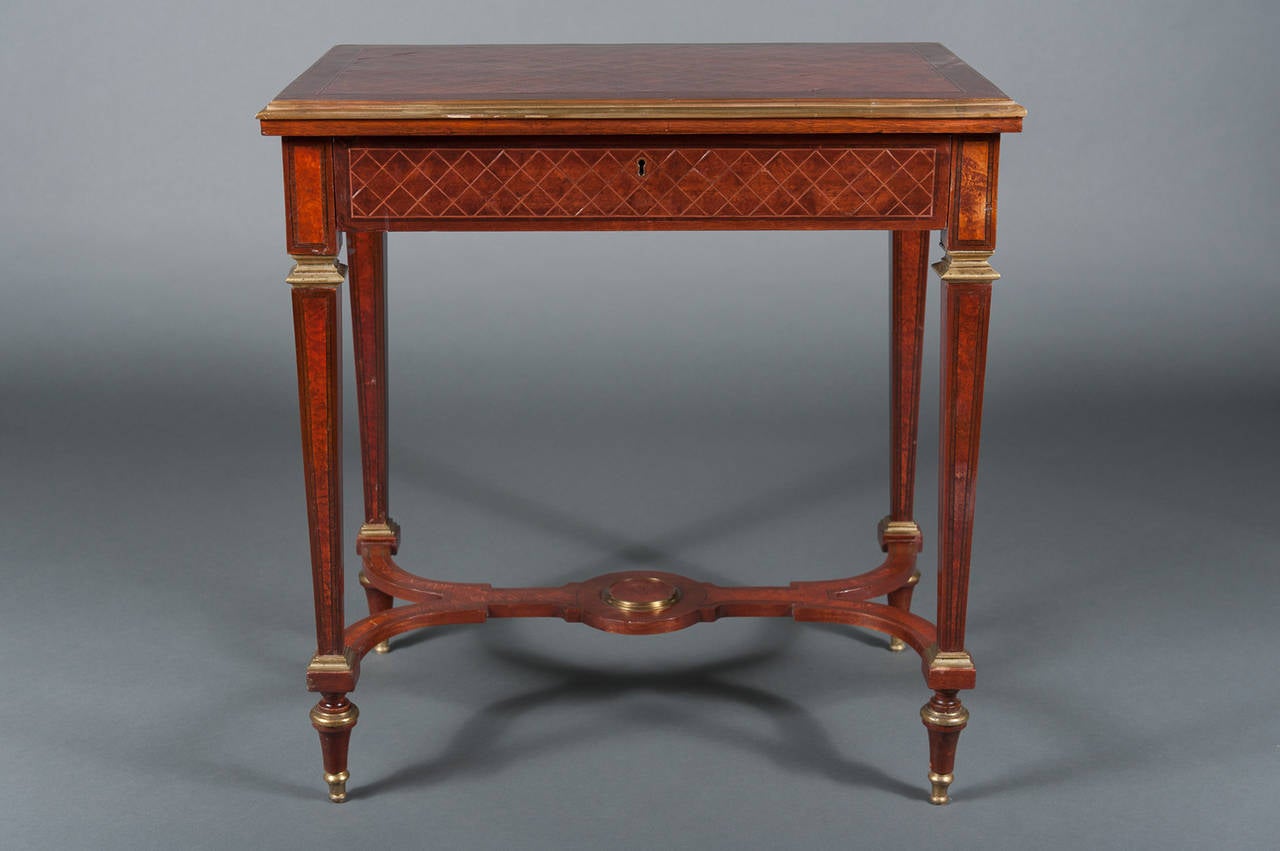 Art Deco A Pair of English Mahogany Side Tables with Gilt Brass Mounts & a Stretcher