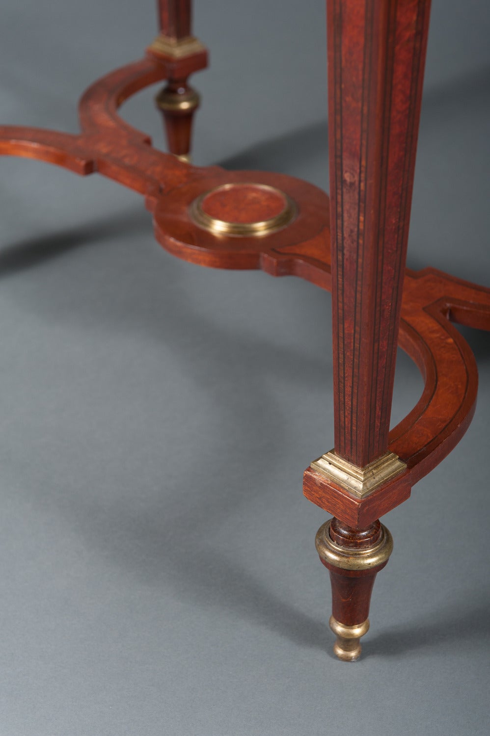 A Pair of English Mahogany Side Tables with Gilt Brass Mounts & a Stretcher 2