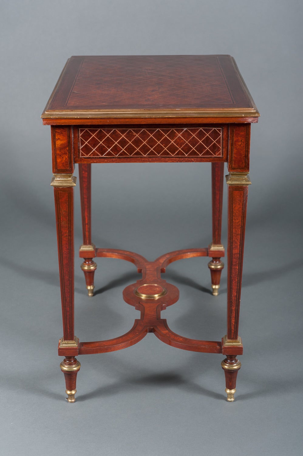 A Pair of English Mahogany Side Tables with Gilt Brass Mounts & a Stretcher 3