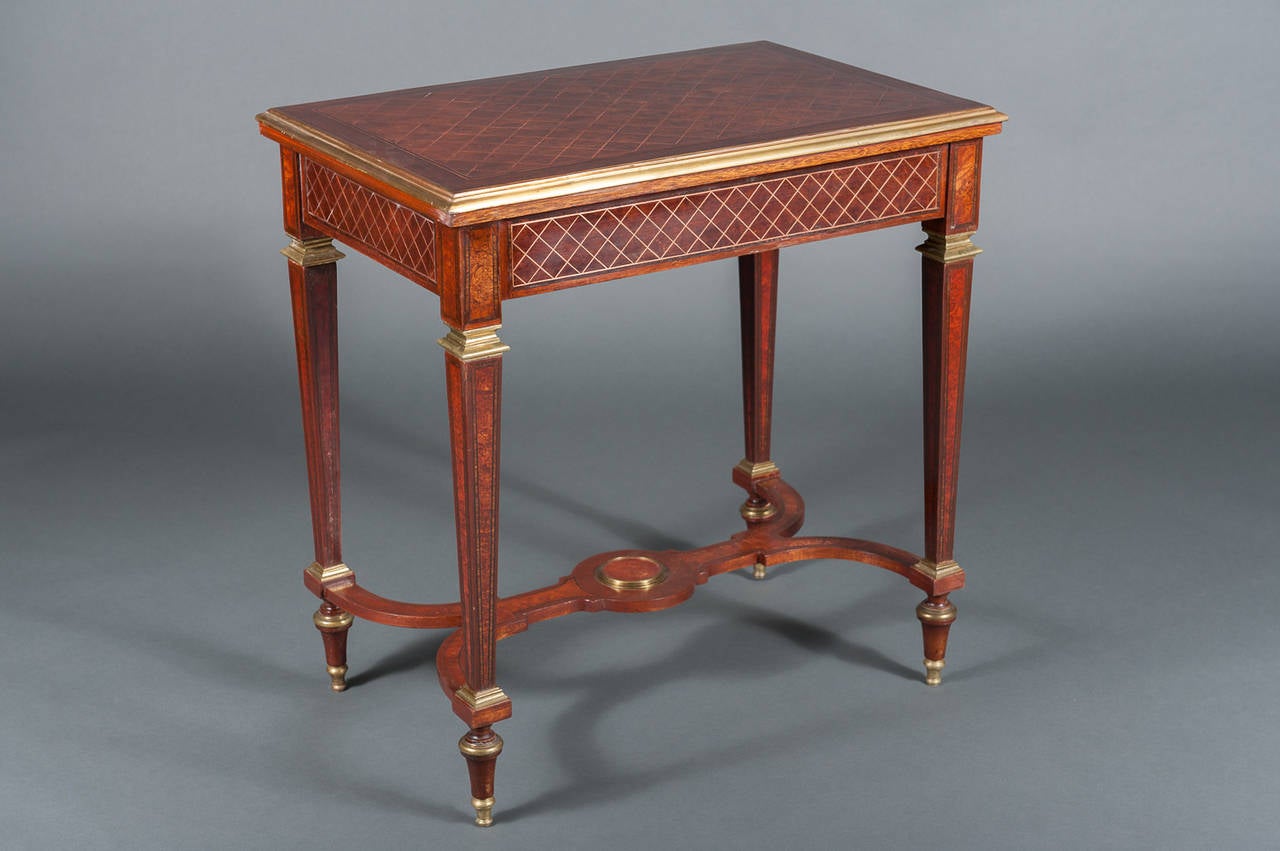 A Pair of English Mahogany Side Tables with Gilt Brass Mounts & a Stretcher 4
