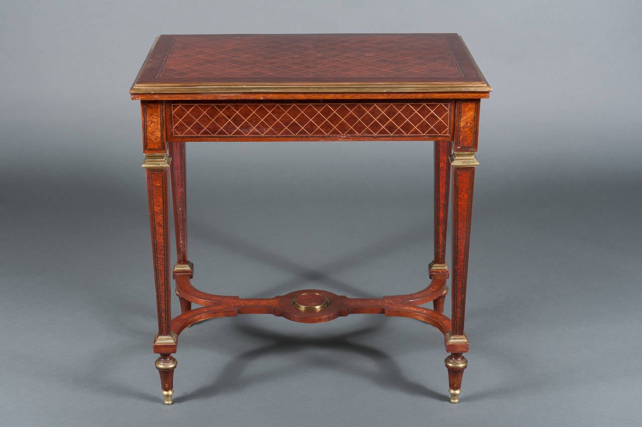 A Pair of English Mahogany Side Tables with Gilt Brass Mounts & a Stretcher 5
