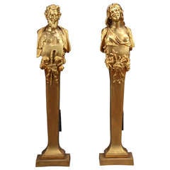 A Pair of Late 19th Century Gilt-Bronze Fire Place Figural Bronze Andirons 1