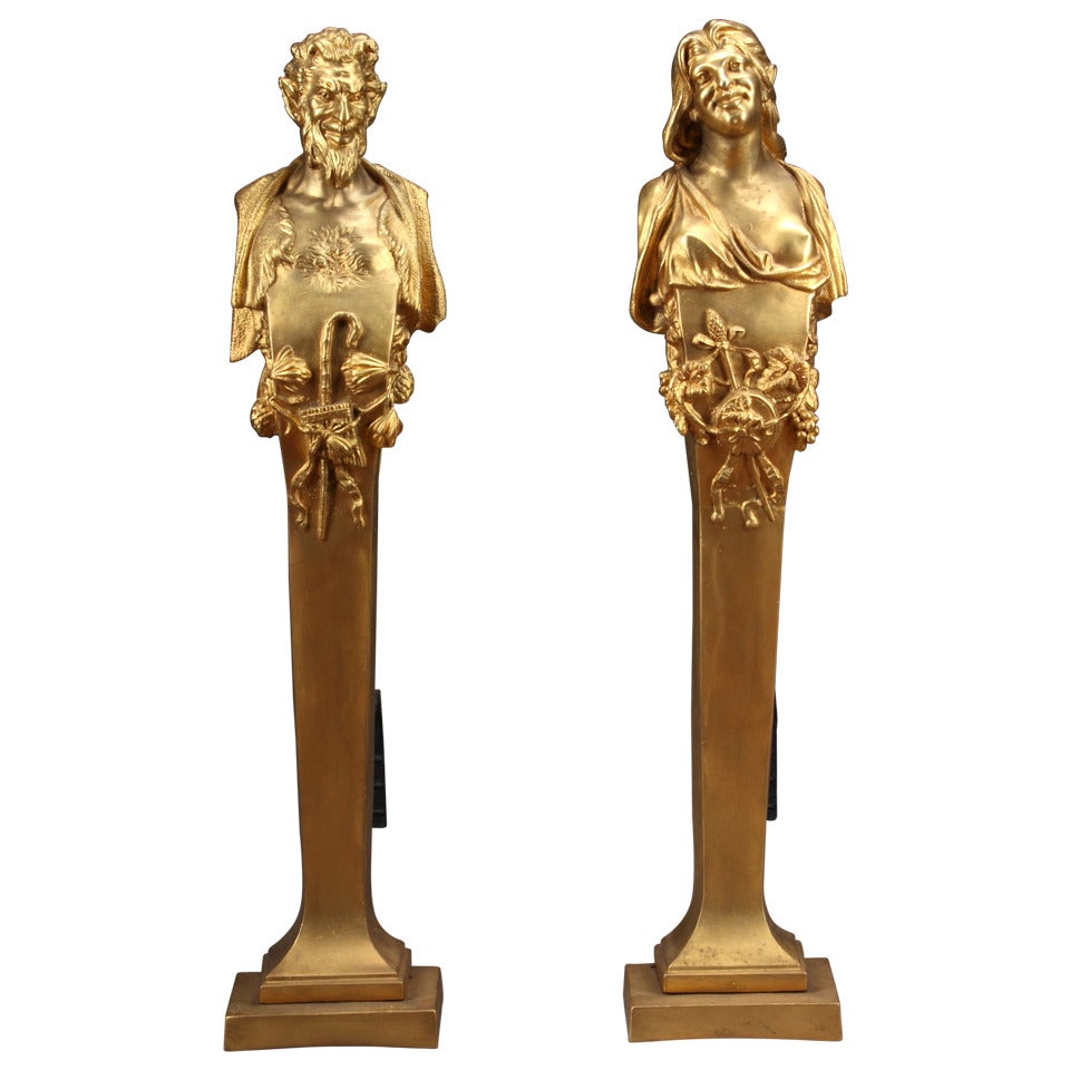Pair of Gilt-Bronze Fire Place Figural Bronze Andirons depicting Pan and Nymph