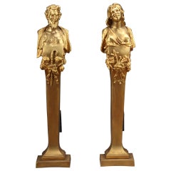 Antique Pair of Gilt-Bronze Fire Place Figural Bronze Andirons depicting Pan and Nymph