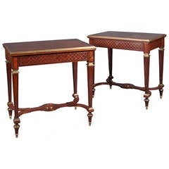 A Pair of English Mahogany Side Tables with Gilt Brass Mounts & a Stretcher