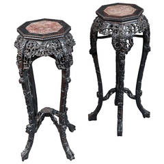 Pair of 19th Century Chinese Hand-Carved Wood Pedestals with Marble Tops