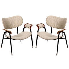 Pair of 1950 Italian Black Lacquered Metal Armchairs