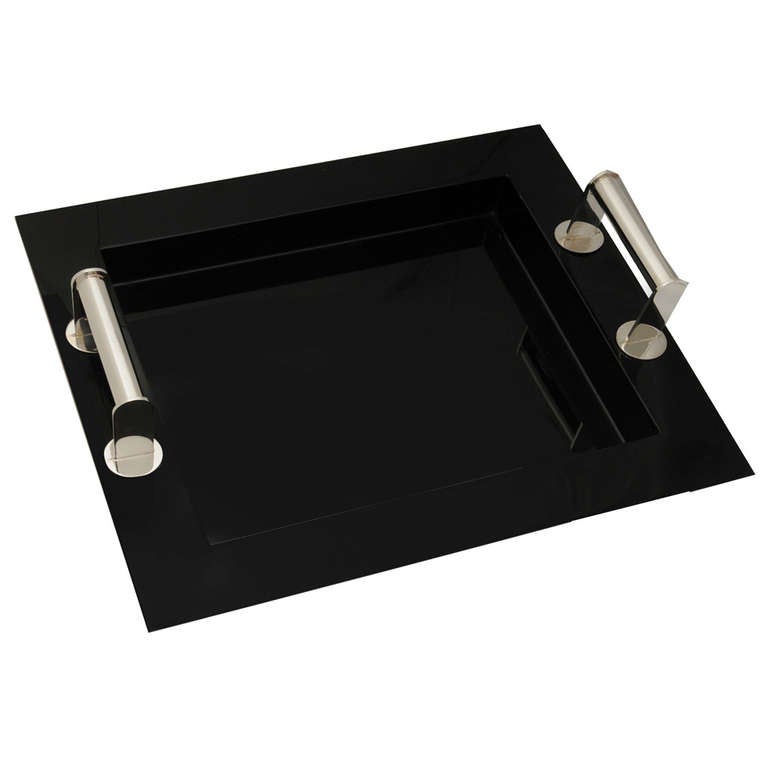 Black Lacquer Tray with Silver Handles For Sale at 1stDibs