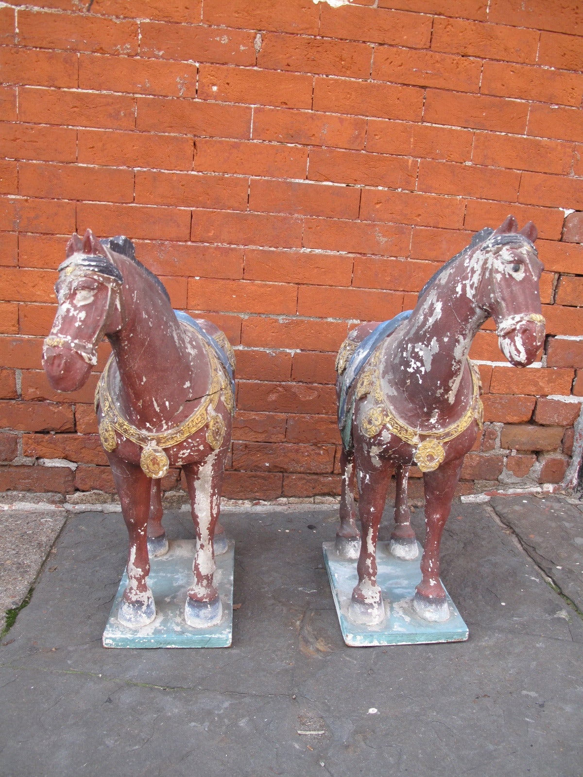 Chinese Pair of Carved Polychromed Horses in the Manner of the Tang Dynasty