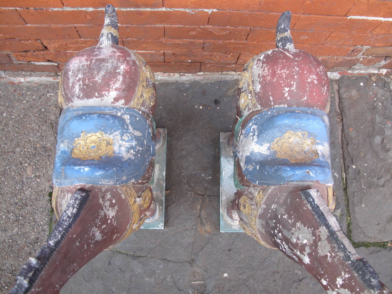 20th Century Pair of Carved Polychromed Horses in the Manner of the Tang Dynasty
