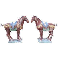 Pair of Carved Polychromed Horses in the Manner of the Tang Dynasty