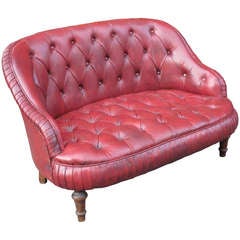 Antique Tufted Red Chesterfield Leather Settee on Turned Legs