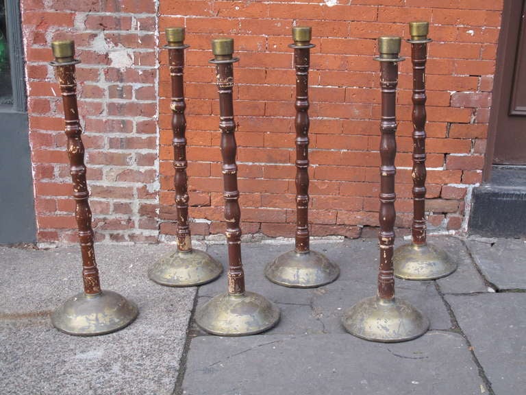 Set of Six Stanchions with Naugahyde and Brass Cables