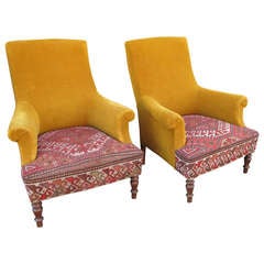 Napoleon III Velvet Armchairs with Antique Kilim Seats