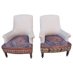 Napoleon III Arm Chairs in Linen and Antique Kilim Upholstery