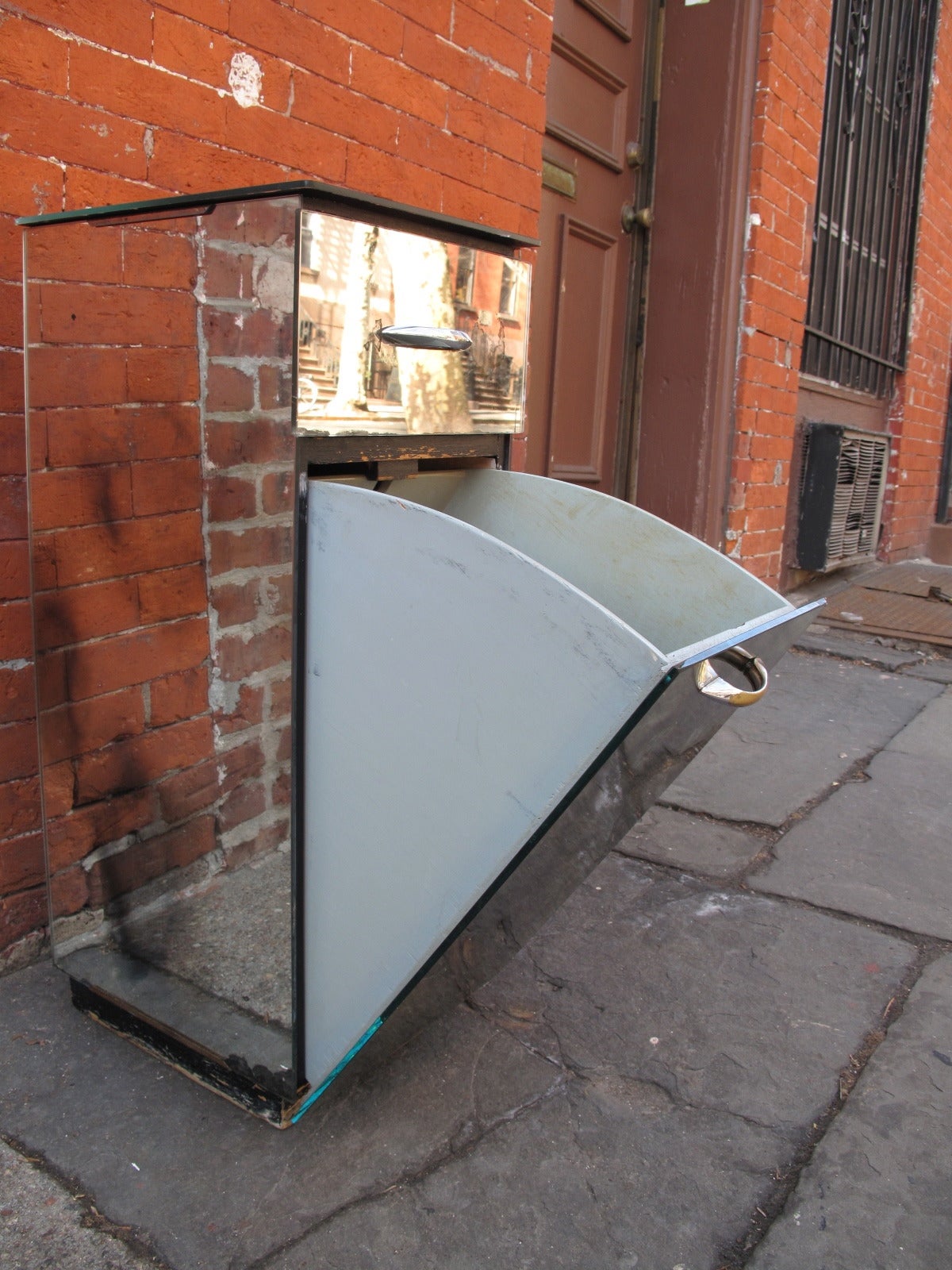 Deco Mirrored Night Table Cabinet In Fair Condition In Brooklyn, NY