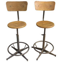 Retro Pair of French Industrial Drafting Stools