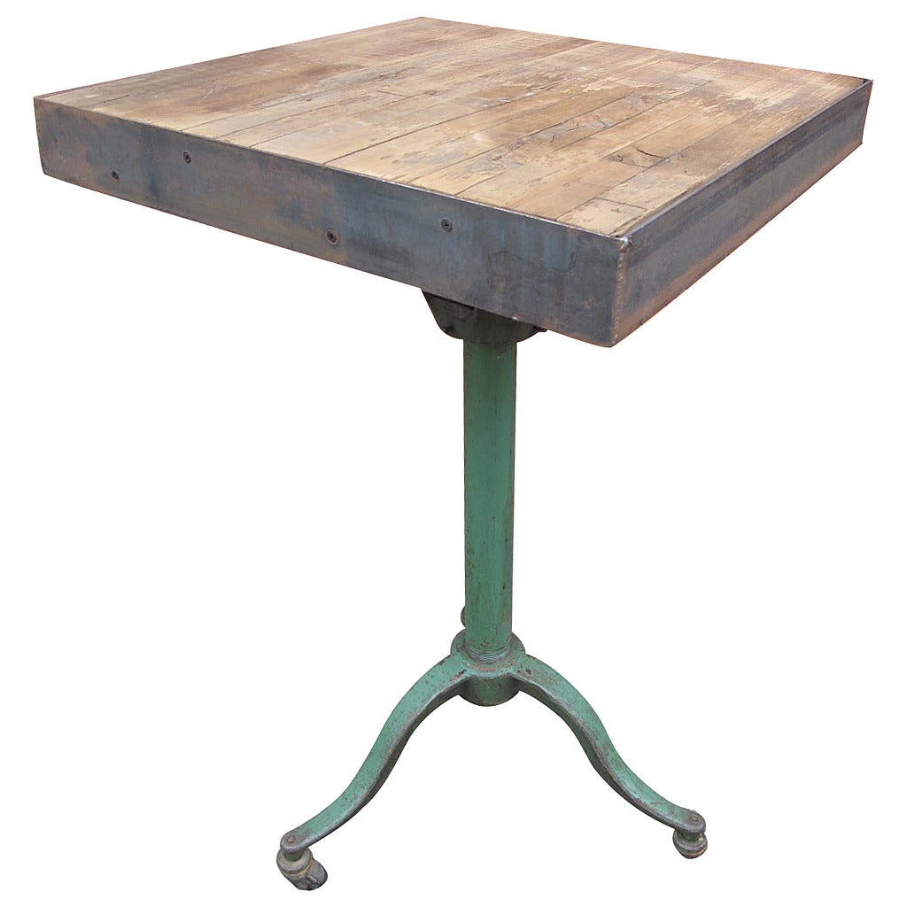 Industrial Table with Green Steel Base and Strap Steel-Wrapped Top For Sale